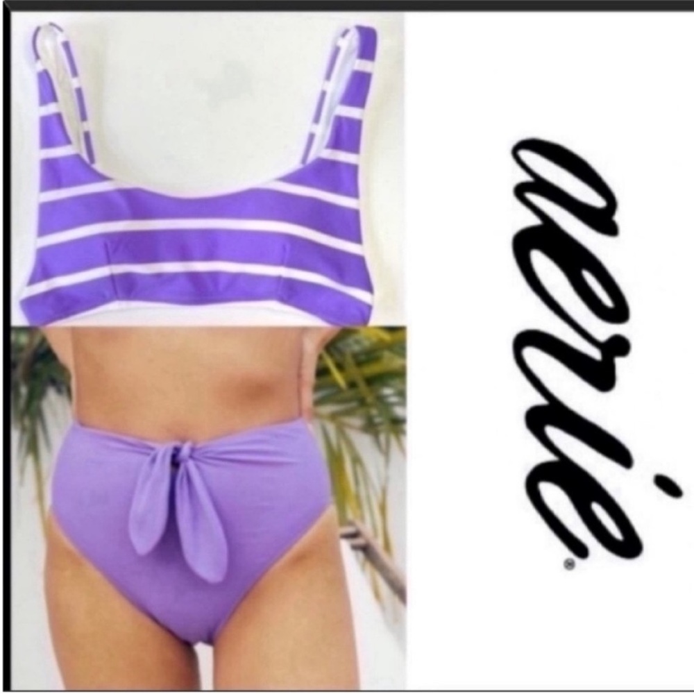 AERIE Top and Bottom Bikini Set - Purple & White